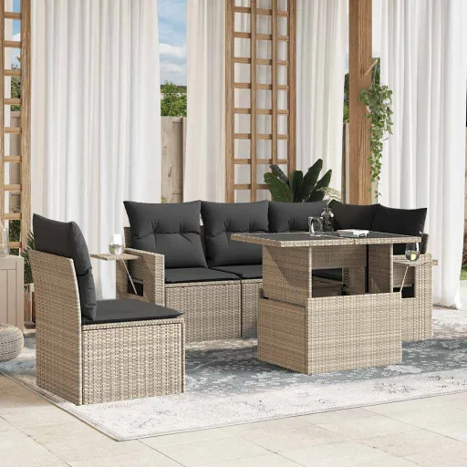 Conj. Sofás Jardim com Almofadões Vime PE Cinzento-Claro (6 pcs)