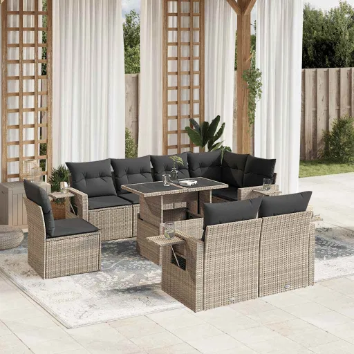 Conj. Sofás Jardim com Almofadões Vime PE Cinzento-Claro (9 pcs)