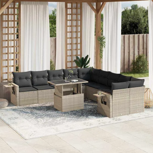 Conjunto Sofás de Jardim c/ Almofadões Vime PE Cinzento (11 pcs)