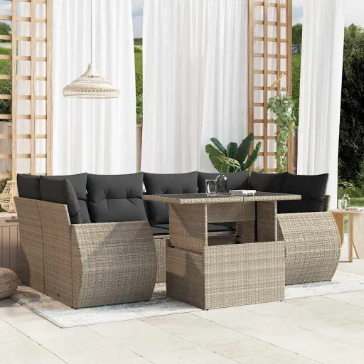 Conj. Sofás Jardim com Almofadões Vime PE Cinzento-Claro (7 pcs)