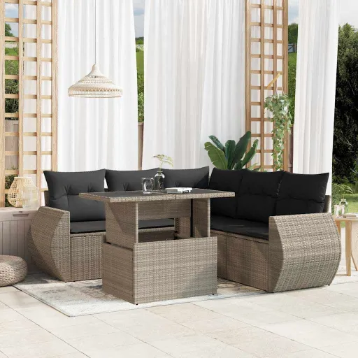 Conj. Sofás Jardim com Almofadões Vime PE Cinzento-Claro (6 pcs)
