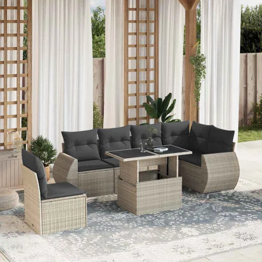 Conj. Sofás Jardim com Almofadões Vime PE Cinzento-Claro (7 pcs)