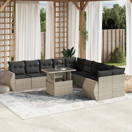 Conjunto Sofás de Jardim c/ Almofadões Vime PE Cinzento (11 pcs)