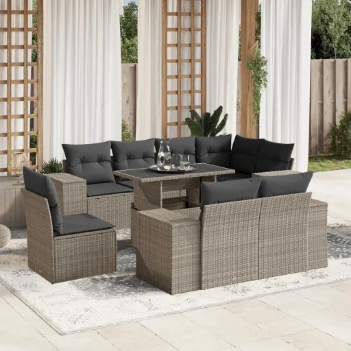 Conj. Sofás Jardim com Almofadões Vime PE Cinzento-Claro (9 pcs)