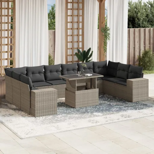 Conjunto Sofás de Jardim c/ Almofadões Vime PE Cinzento (11 pcs)