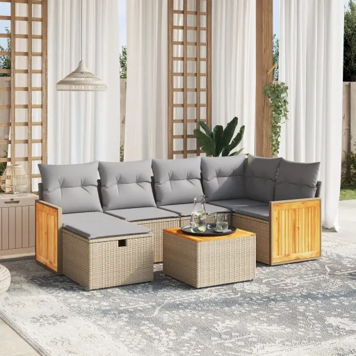 Conj. Sofás Jardim c/ Almofadões Vime PE Bege Misturado (7 pcs)