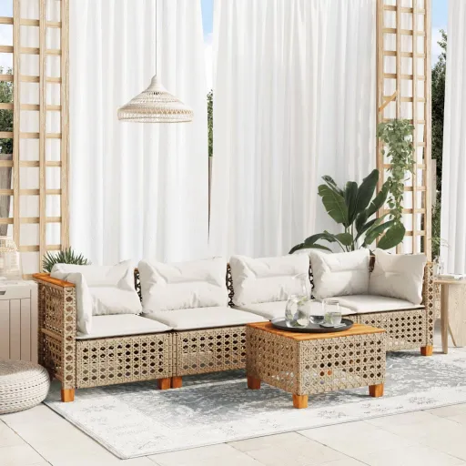 Conjunto de Sofás p/ Jardim com Almofadões Vime PE Bege (5 pcs)