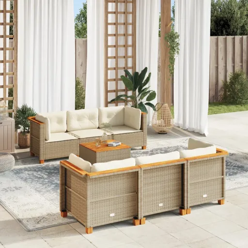 Conjunto de Sofás p/ Jardim com Almofadões Vime PE Bege (7 pcs)