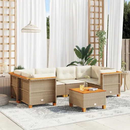 Conjunto de Sofás p/ Jardim com Almofadões Vime PE Bege (7 pcs)