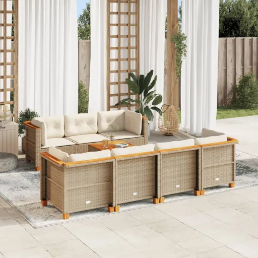 Conjunto de Sofás p/ Jardim com Almofadões Vime PE Bege (8 pcs)