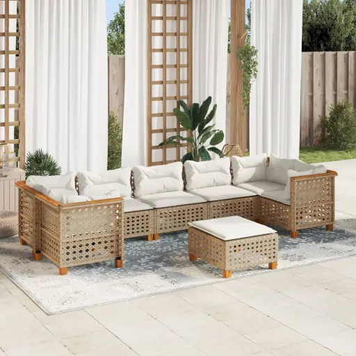 Conjunto de Sofás p/ Jardim com Almofadões Vime PE Bege (8 pcs)