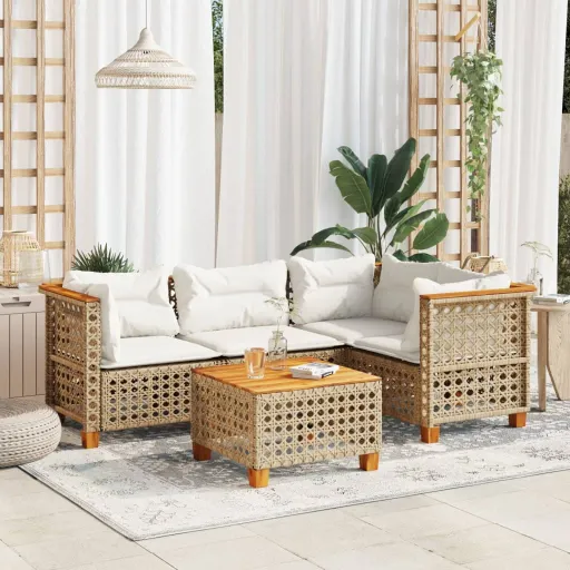 Conjunto de Sofás p/ Jardim com Almofadões Vime PE Bege (5 pcs)