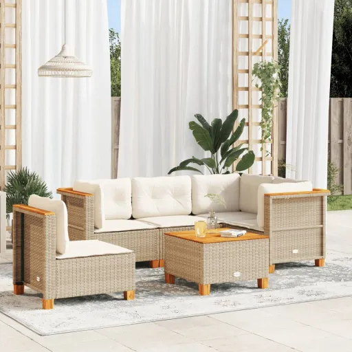 Conjunto de Sofás p/ Jardim com Almofadões Vime PE Bege (6 pcs)