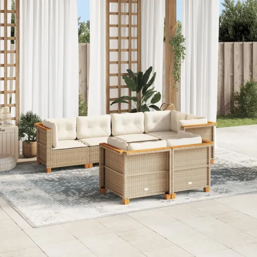Conjunto de Sofás p/ Jardim com Almofadões Vime PE Bege (7 pcs)
