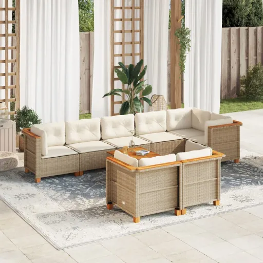 Conjunto de Sofás p/ Jardim com Almofadões Vime PE Bege (9 pcs)