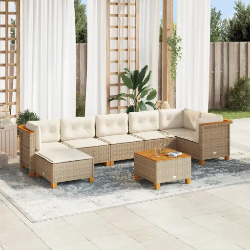 Conjunto de Sofás p/ Jardim com Almofadões Vime PE Bege (8 pcs)