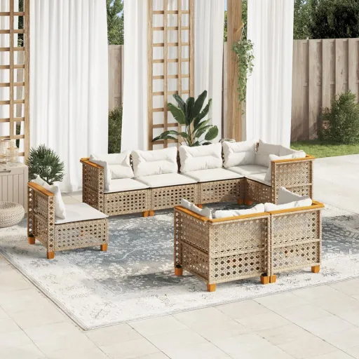 Conjunto de Sofás p/ Jardim com Almofadões Vime PE Bege (8 pcs)