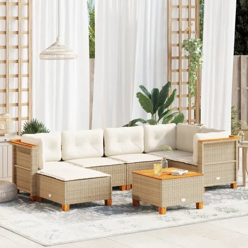 Conjunto de Sofás p/ Jardim com Almofadões Vime PE Bege (7 pcs)