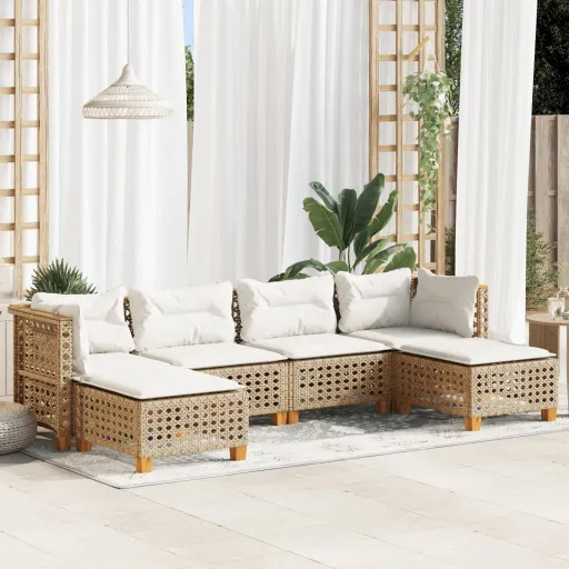 Conjunto de Sofás p/ Jardim com Almofadões Vime PE Bege (6 pcs)