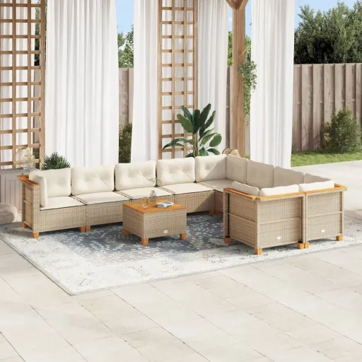 Conjunto de Sofás p/ Jardim com Almofadões Vime PE Bege (10 pcs)