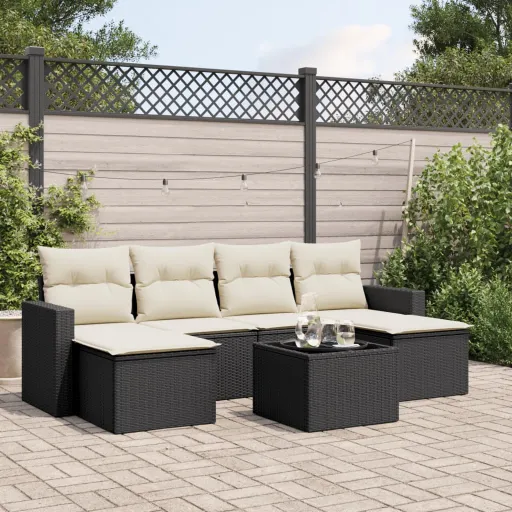Conjunto de Sofás p/ Jardim c/ Almofadões Vime PE Preto (7 pcs)