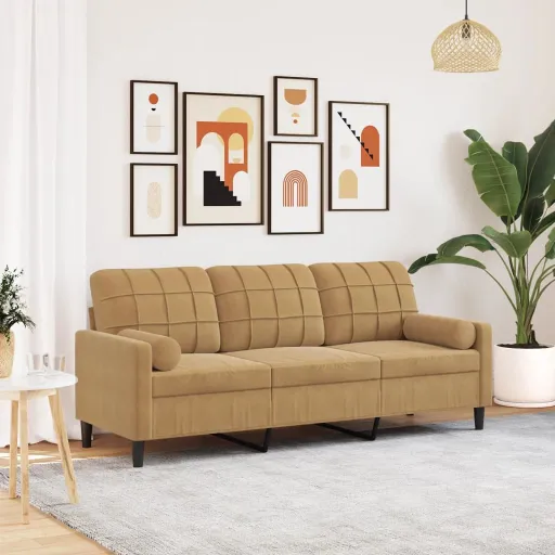 Sofá 3 Lugares c/ Almofadas Decorativas 180 cm Veludo Castanho