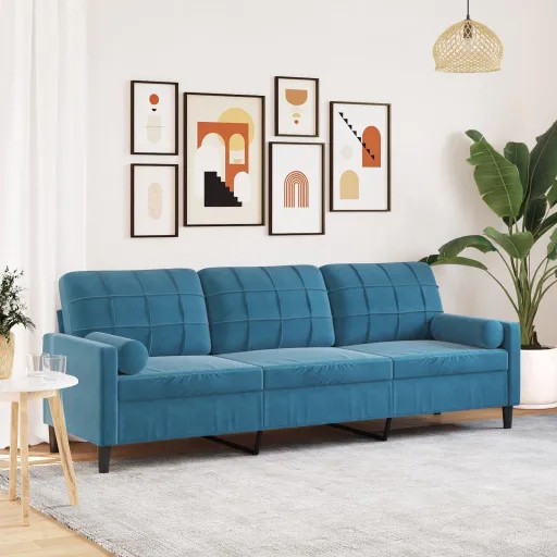 Sofá 3 Lugares c/ Almofadas Decorativas 210 cm Veludo Azul