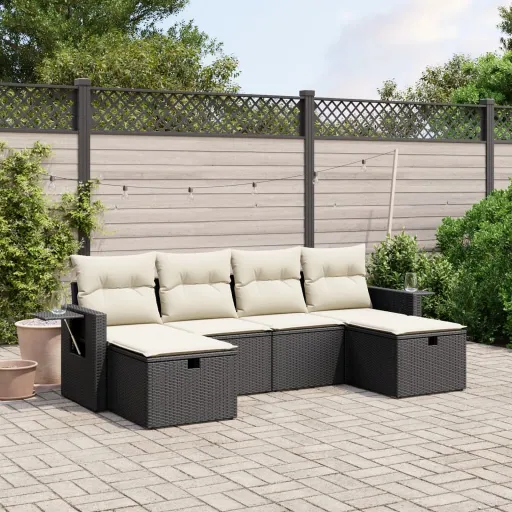 Conjunto Sofás de Jardim c/ Almofadões Vime PE Preto (6 pcs)