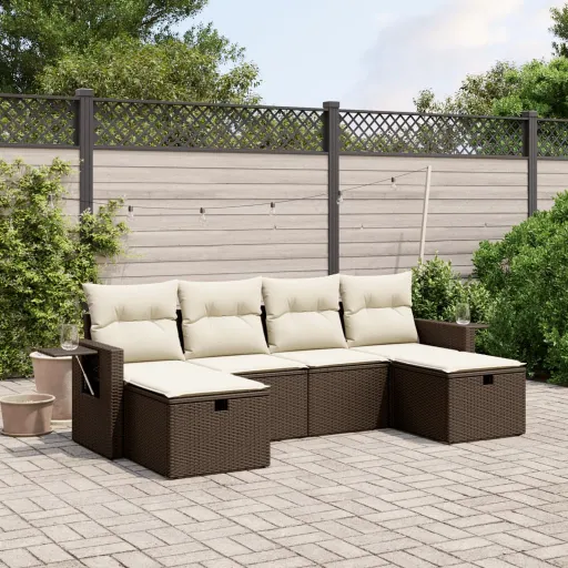 Conjunto de Sofás Jardim c/ Almofadões Vime PE Castanho (6 pcs)