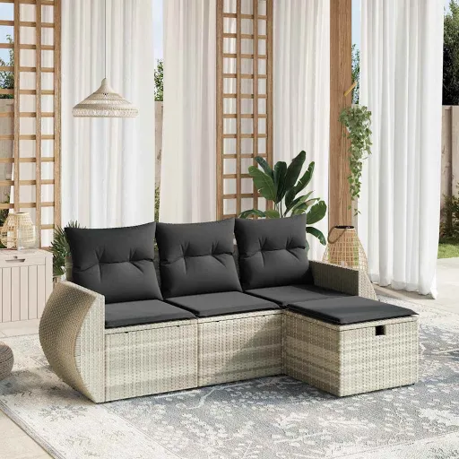 Conj. Sofás Jardim c/ Almofadões Vime PE Cinzento-Claro (4 pcs)