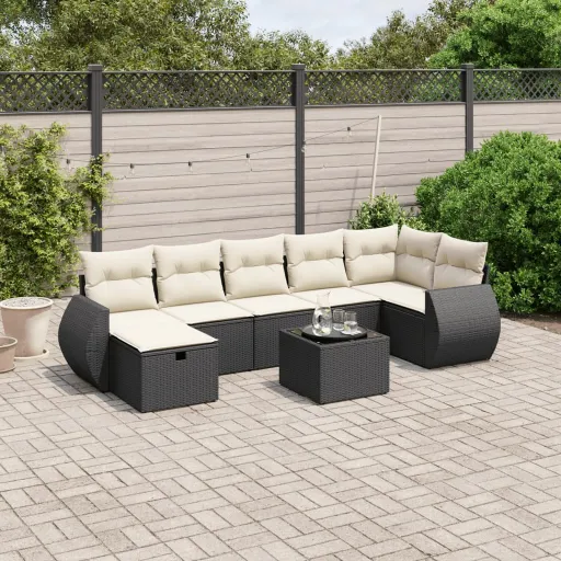 Conjunto Sofás de Jardim com Almofadões Vime PE Preto (8 pcs)