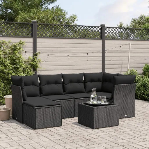 Conjunto de Sofás p/ Jardim c/ Almofadões Vime PE Preto (7 pcs)