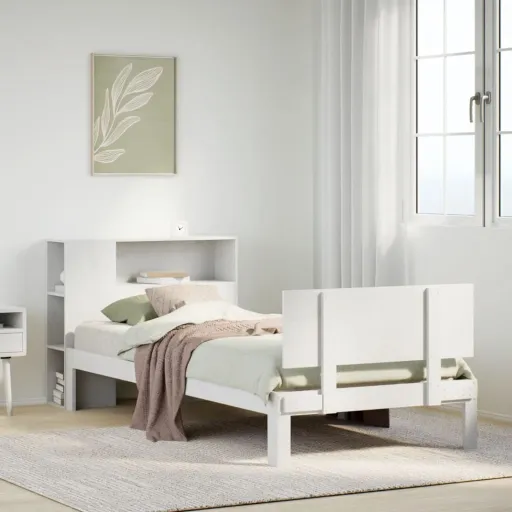Cama com Estante Sem Colchão 90x190 cm Pinho Maciço Branco