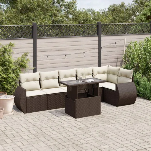 Conjunto de Sofás Jardim c/ Almofadões Vime PE Castanho (7 pcs)