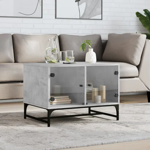 Mesa de Centro c/ Portas de Vidro 68,5x50x50 cm Cinza Cimento