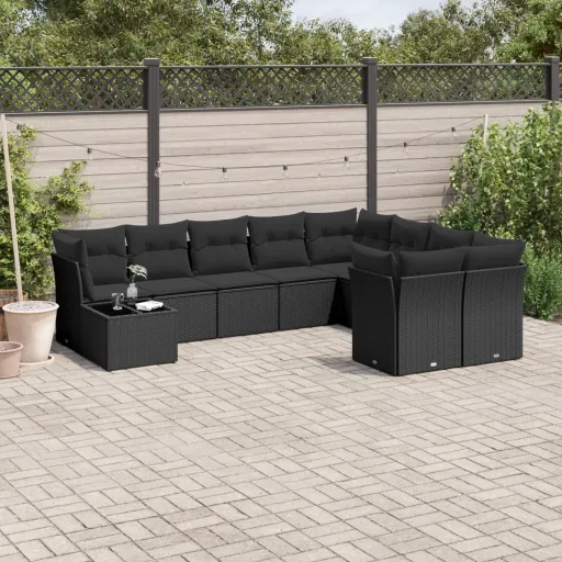 Conjunto Sofás de Jardim c/ Almofadões Vime PE Preto (10 pcs)