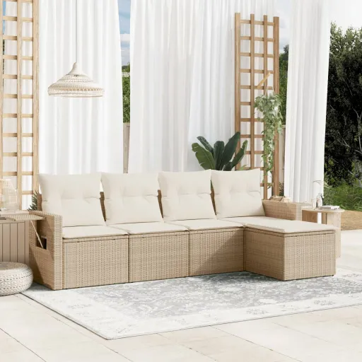 Conjunto de Sofás p/ Jardim com Almofadões Vime PE Bege (5 pcs)