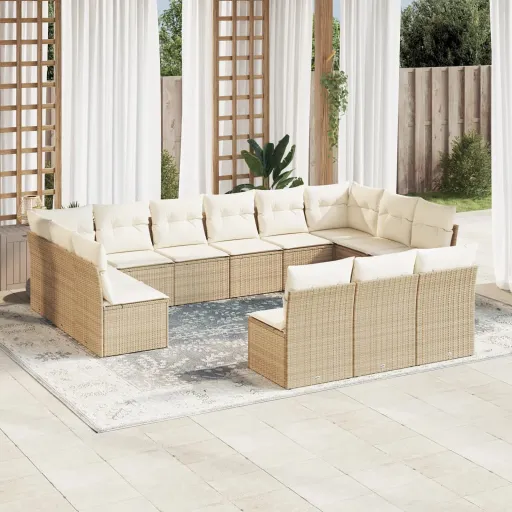 Conjunto de Sofás p/ Jardim com Almofadões Vime PE Bege (13 pcs)