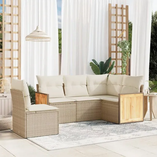 Conjunto de Sofás p/ Jardim com Almofadões Vime PE Bege (5 pcs)
