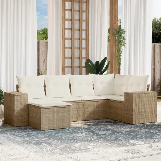 Conjunto de Sofás p/ Jardim com Almofadões Vime PE Bege (6 pcs)