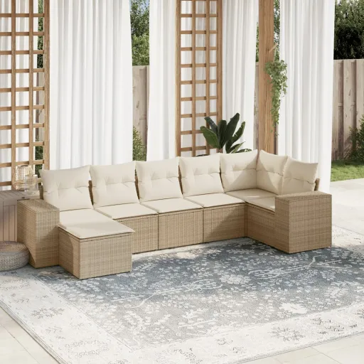 Conjunto de Sofás p/ Jardim com Almofadões Vime PE Bege (7 pcs)