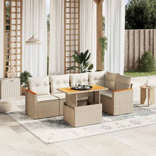 Conjunto de Sofás p/ Jardim com Almofadões Vime PE Bege (6 pcs)