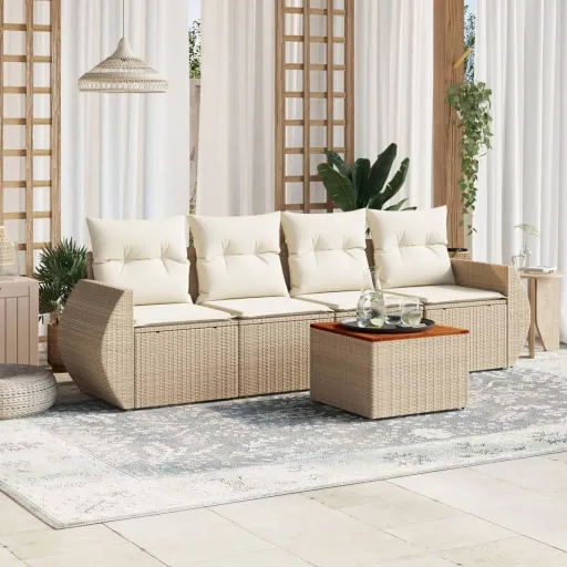 Conjunto de Sofás p/ Jardim com Almofadões Vime PE Bege (5 pcs)