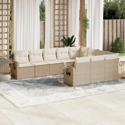 Conjunto de Sofás p/ Jardim com Almofadões Vime PE Bege (10 pcs)
