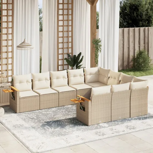 Conjunto de Sofás p/ Jardim com Almofadões Vime PE Bege (10 pcs)