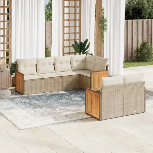 Conjunto de Sofás p/ Jardim com Almofadões Vime PE Bege (7 pcs)