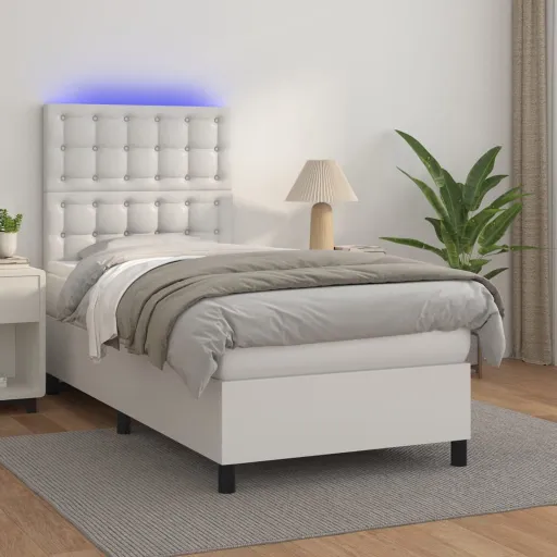 Cama Box Spring c/Colchão/LED 100x200cm Couro Artificial Branco