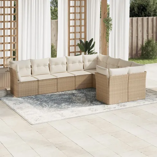 Conjunto de Sofás p/ Jardim com Almofadões Vime PE Bege (9 pcs)