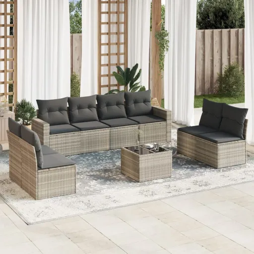 Conj. Sofás Jardim com Almofadões Vime PE Cinzento-Claro (9 pcs)