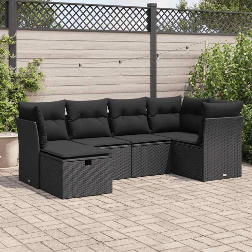 Conjunto Sofás de Jardim c/ Almofadões Vime PE Preto (6 pcs)